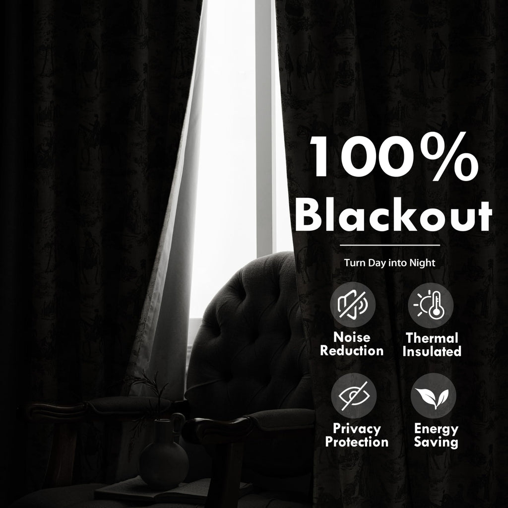 100% Blackout Curtains Toile Linen Back Tab, W52xL84, Black