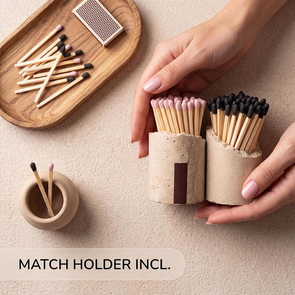 Natural Travertine Stone Match Holder with Striker, Irregular Raw Edge Decorative Match Storage Jar, Matchstick - Set of 2