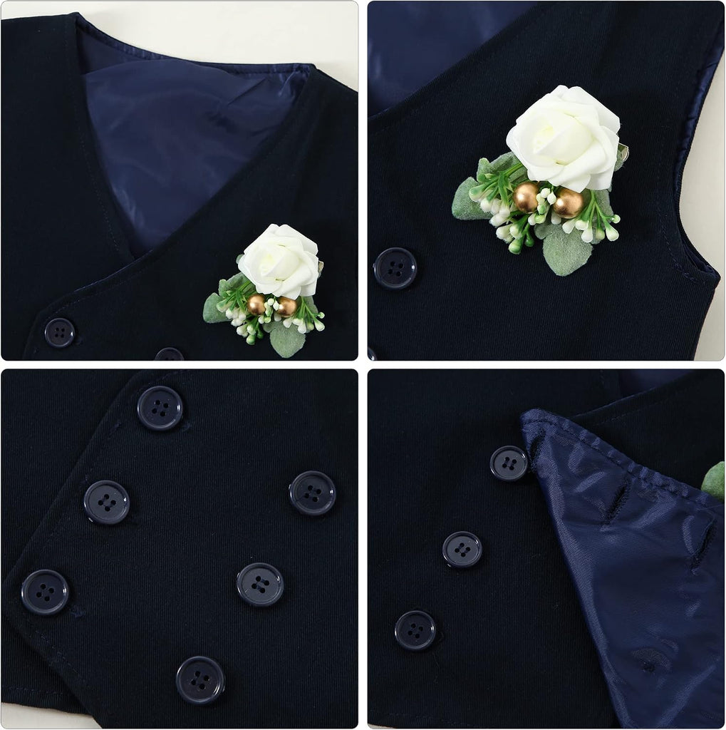 Toddler Baby Boy Clothes Suit Gentleman Wedding Outfits, Formal Dress Shirt+Bowtie+Vest+Boutonniere+Suspender Pants