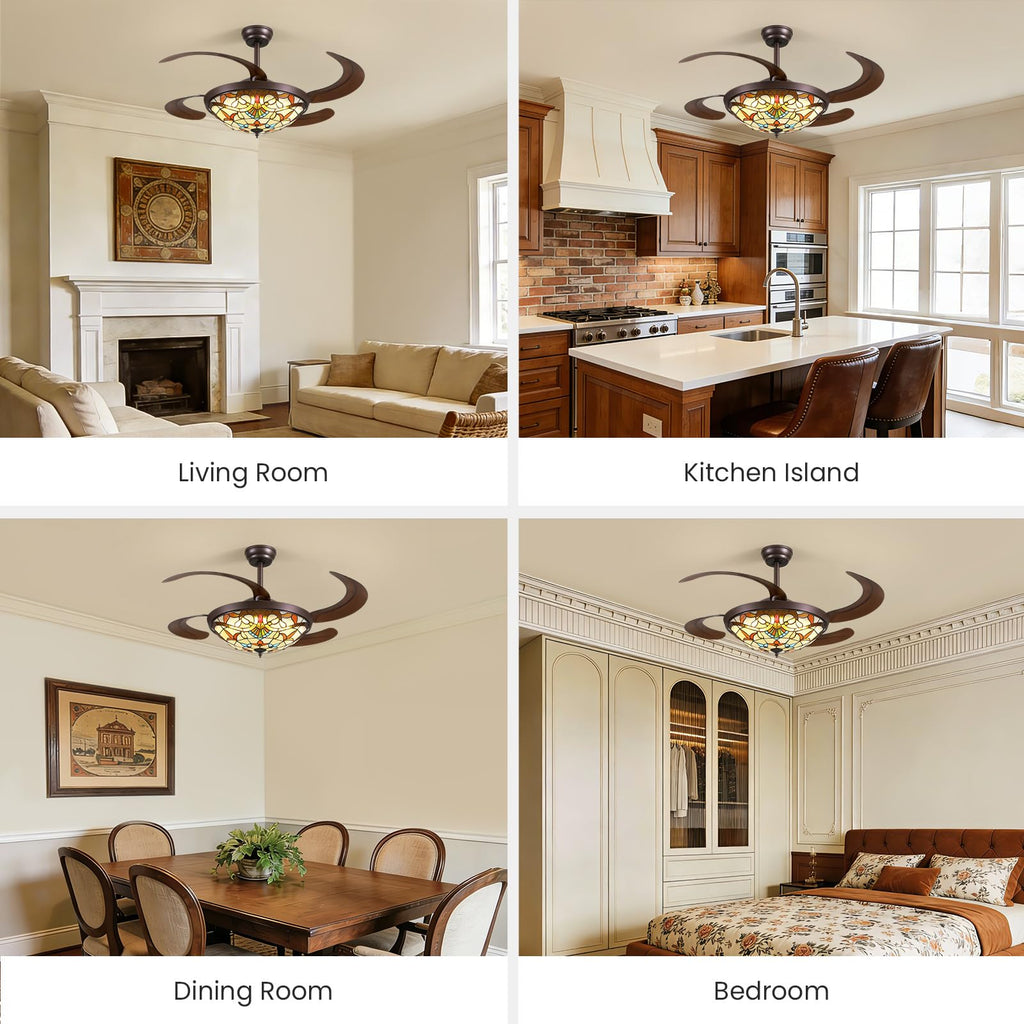 48inch Retractable Ceiling Fan Tiffany Style Chandelier Light Fixtures Ceiling with Remote & Dimmable, 6-Speed