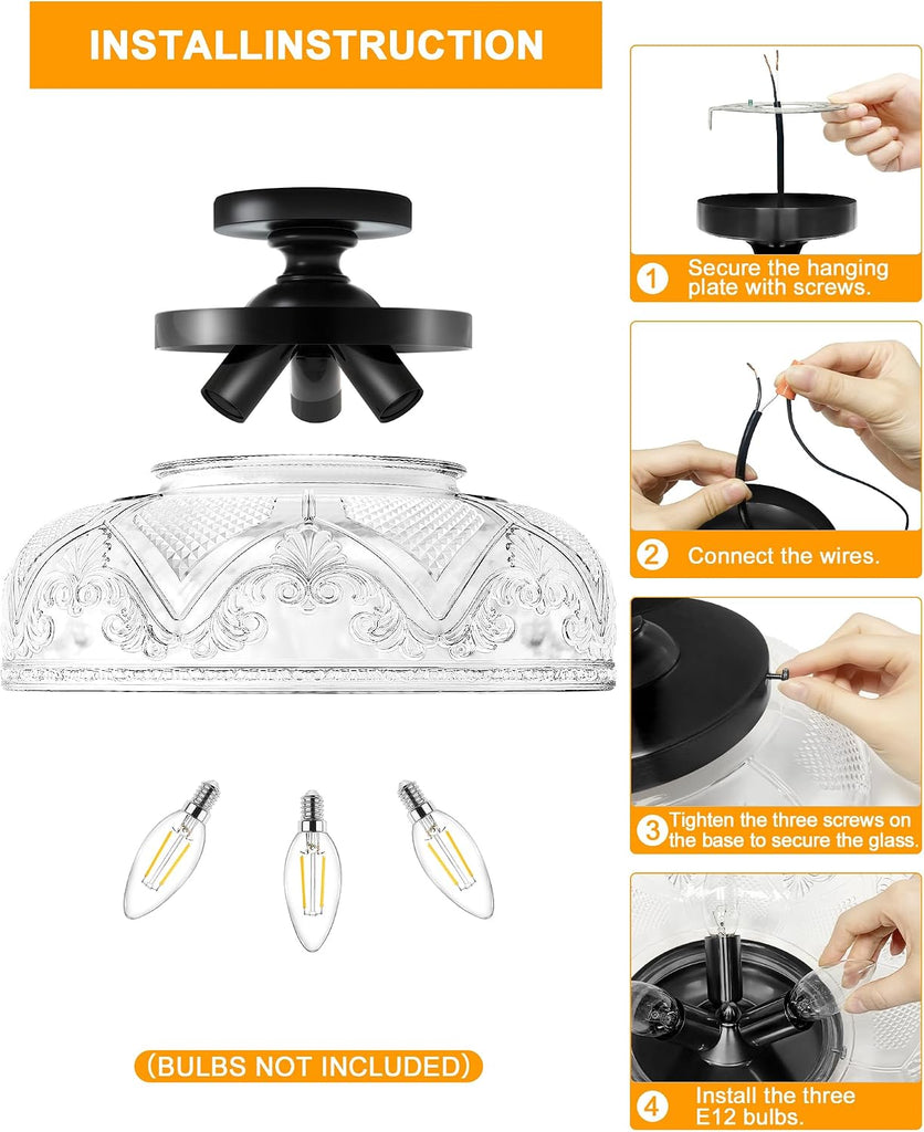 Semi Flush Mount Ceiling Light, 12 Inch Large Black Ceiling Light Fixture, 3-Light Globe Glass Industrial Kitchen