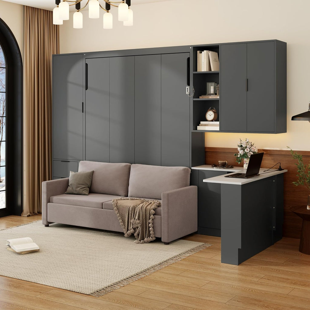 Wall Murphy Bed Queen with Drawers, LED Lights, Desk, USB Ports and Green Sofa for Bedroom, Black