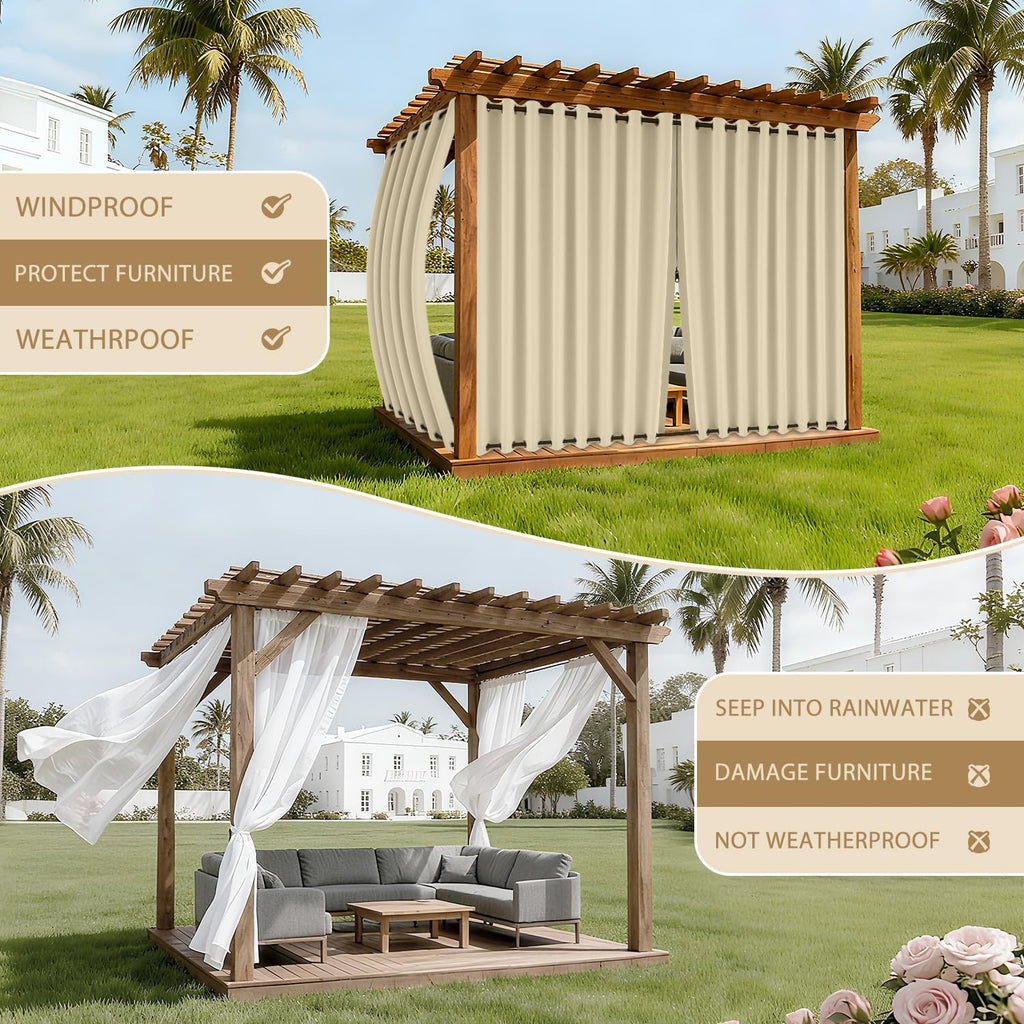 Waterproof Outdoor Curtains with Zipper Top & Bottom Grommet Thermal Privacy Drapes 2 Panels Gazebo Outside Blackout