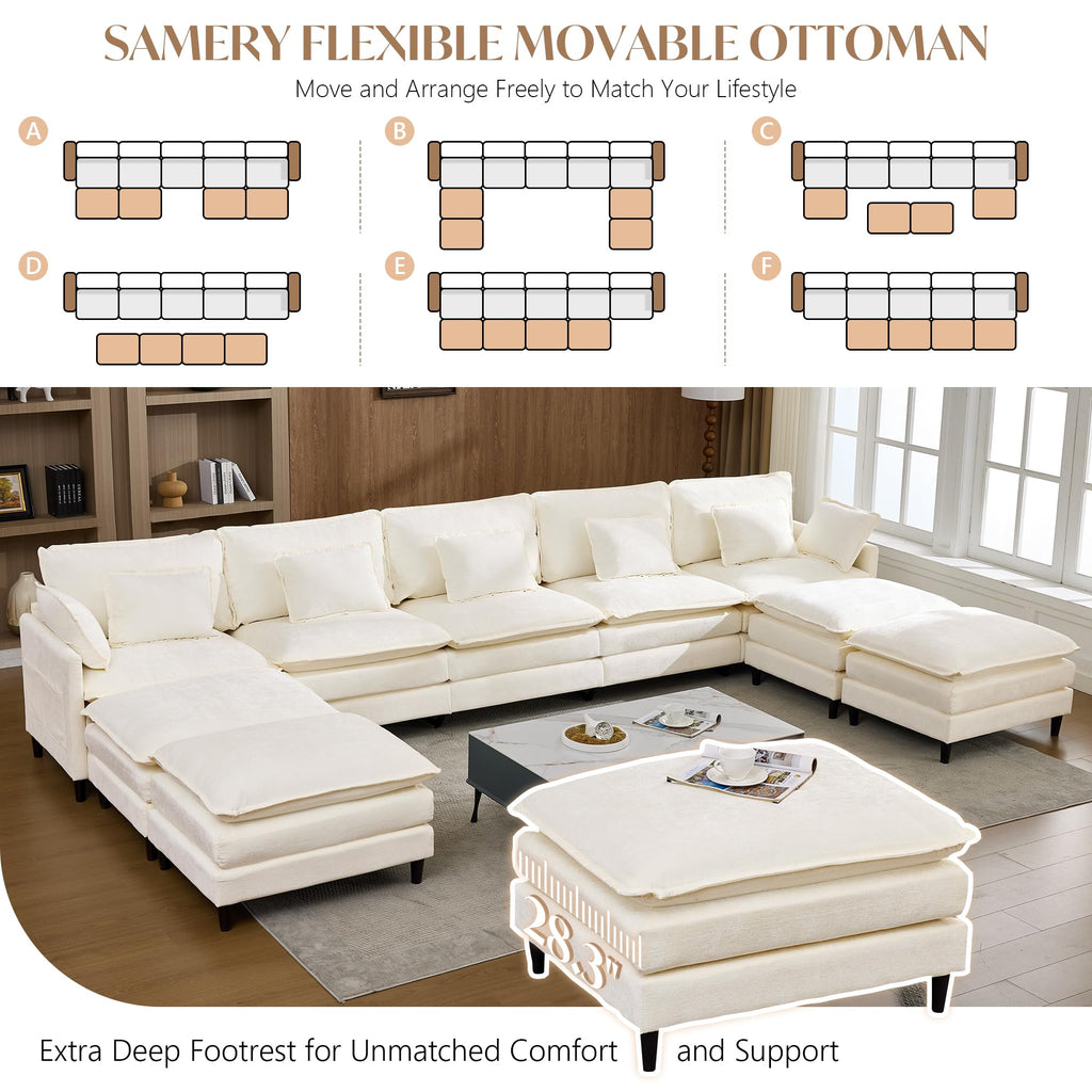 180.6" U Shaped Couch Cloud Sofa Modular Sectional Couch with 4 Large Ottomans, 5 Seater Chenille Oversized Deep Seat