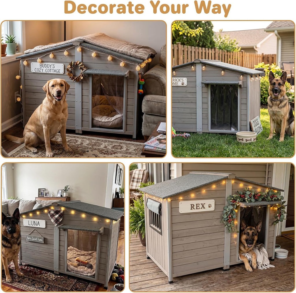 Dog House Outdoor Cedar Wood with Iron Frame for Large Dogs