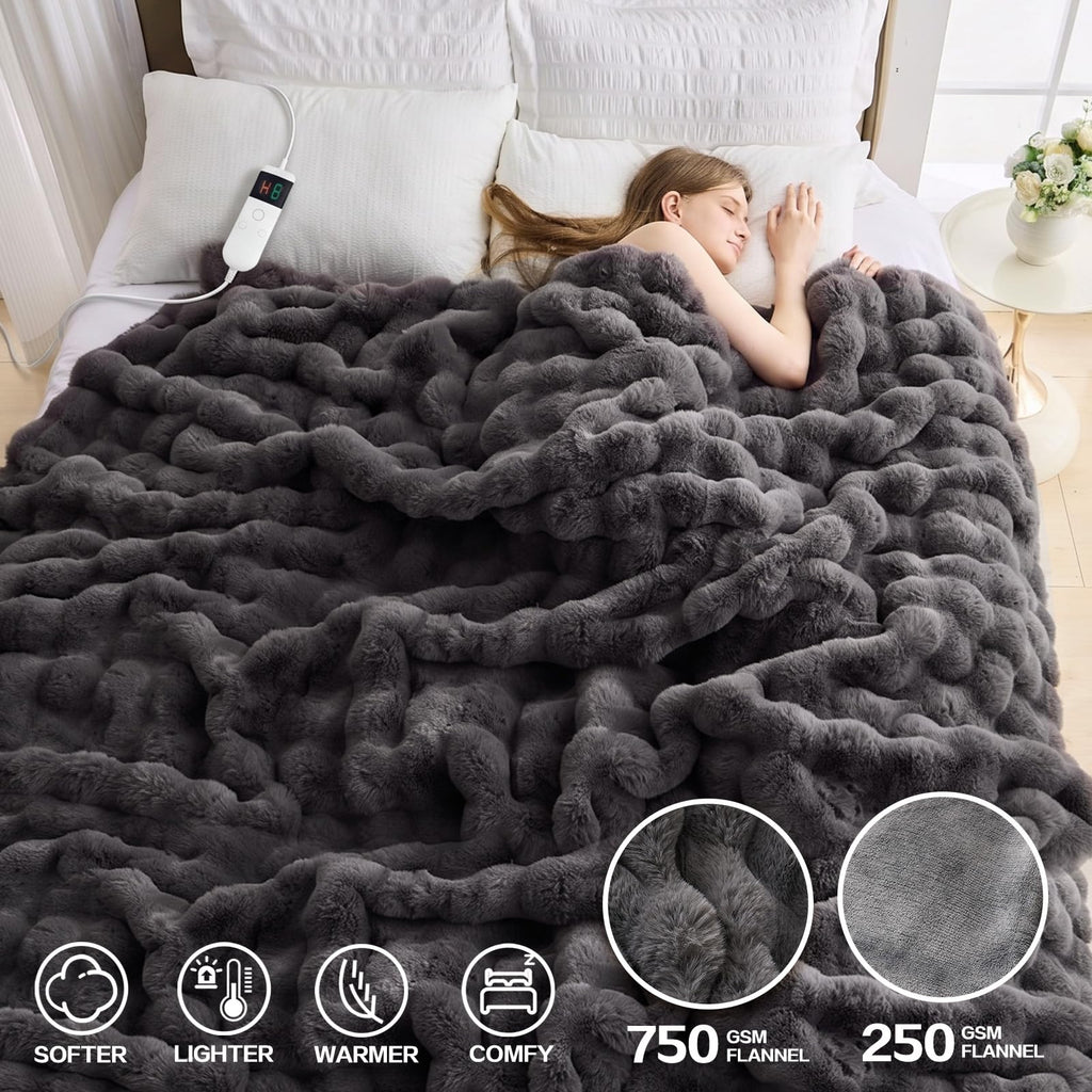 Heated Blanket Electric Faux Rabbit Fur Bubble Heating Blanket Throw Blanket 50"x60", 10 Heat Settings, 8 Hour Auto