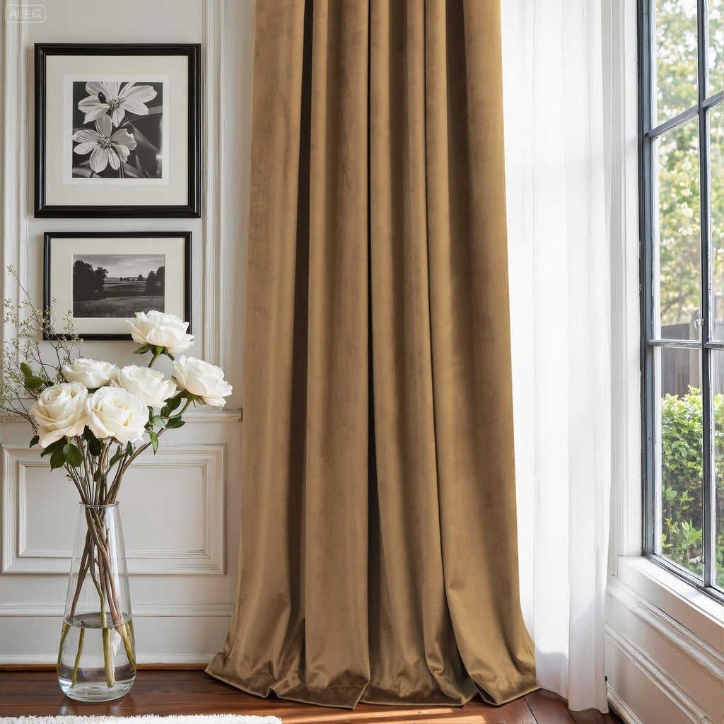 Gold Brown Velvet Curtains 108 Inch Long 2 Panel Sliding Door Insulating Soundproof Noise Reduction Drape Mid Century