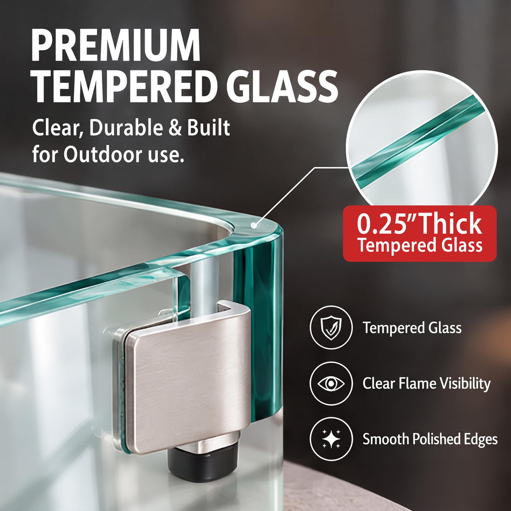 AMS 38" Rectangular Clear Tempered Glass Wind Guard for Fire Pit Table