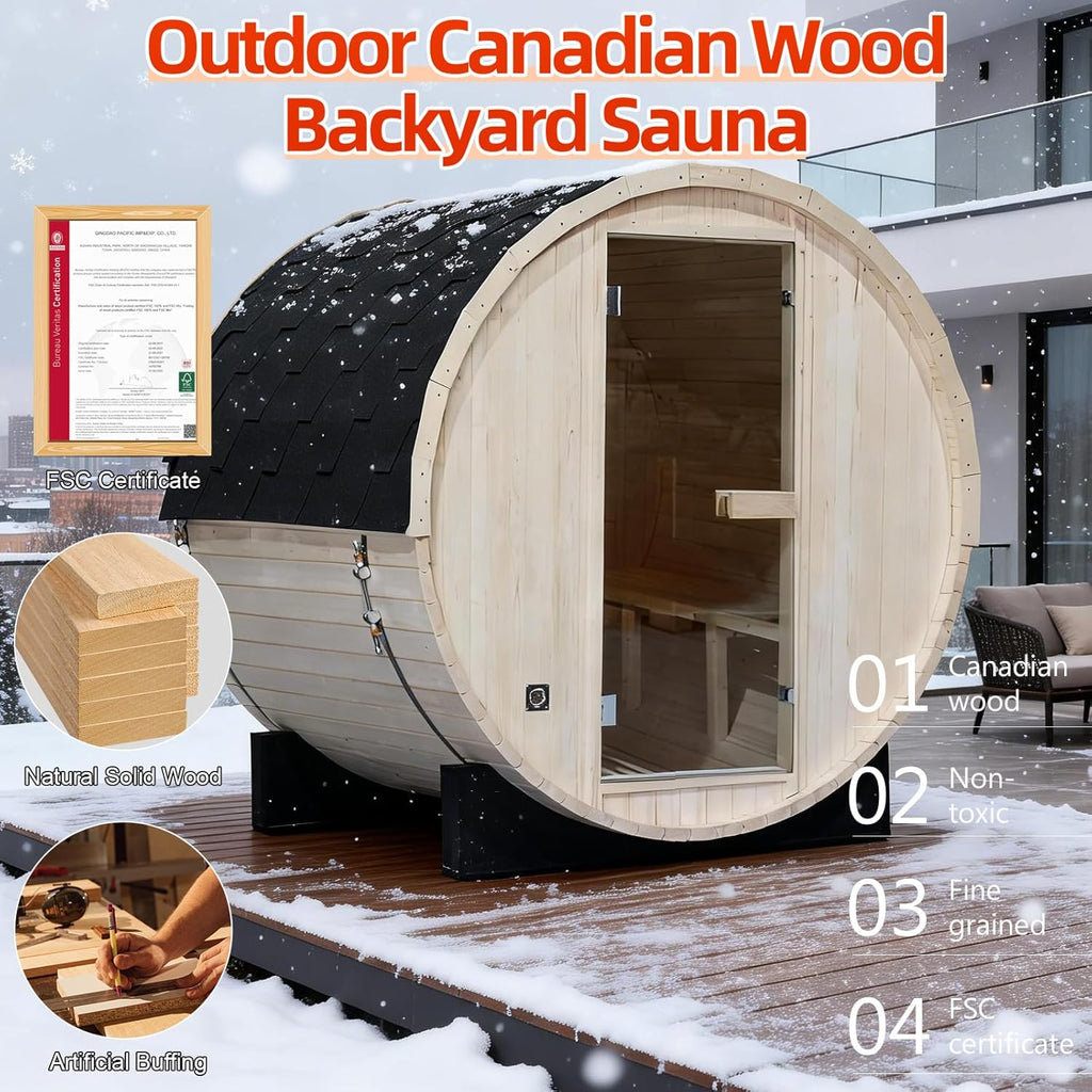 Outdoor Barrel Steam Sauna for 2-4 Person, Canadian Spruce Wooden Saunas Room , Traditional Backyard Sauna Spa with