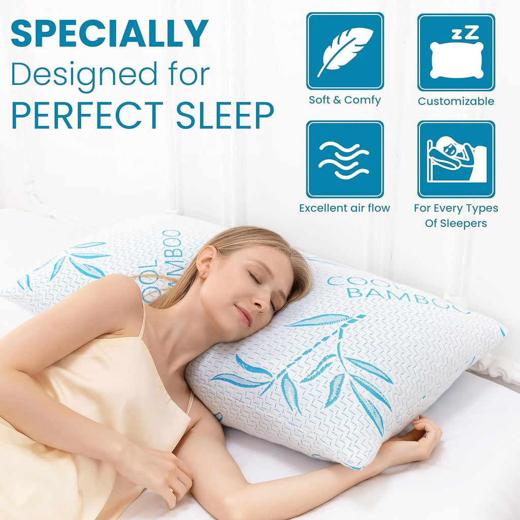 Queen Size 2 Pack Rayon Made from Bamboo Pillows for Sleeping, Cooling Shredded Memory Foam Adjustable Bed Pillow