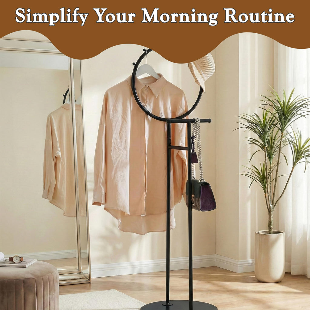 Cheska Suit Valet Stand with Circular Frame - Tie Jacket Clothes Hooks, Freestanding Clothing Organizer, Black