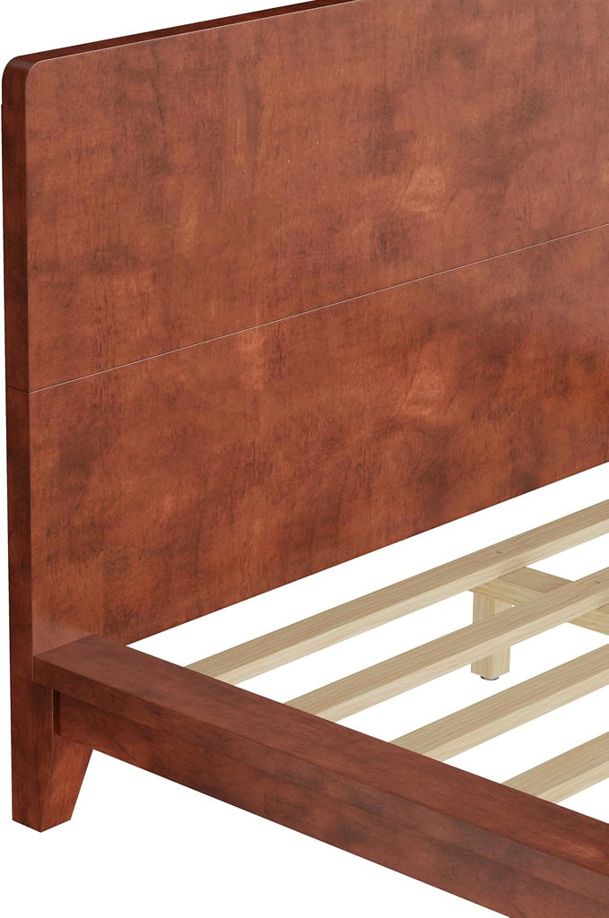 Mid-Century Full Size Wooden Bed Frames, Pine Wood Japanese Low Platform Bed with Brown Headboard, 7 inch Low Under