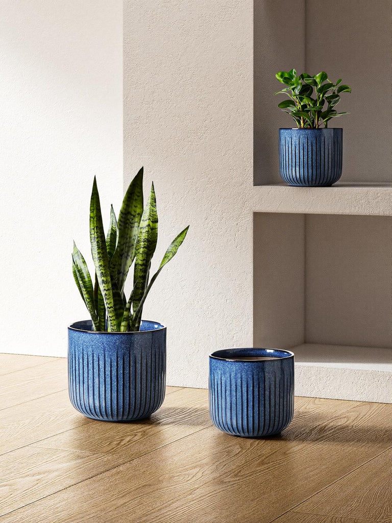 Ceramic Plant Pots, 8.3/7/6 Inch Indoor Planters with Drainage Holes & Mesh, Modern Glossy Glaze Cylinder Fluted