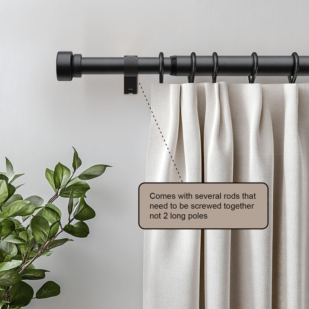 Rn Matte Black Curtain Rods for Windows 72 to 144 Adjustable Length Heavy Duty 1" Diameter Window Curtain Rod with