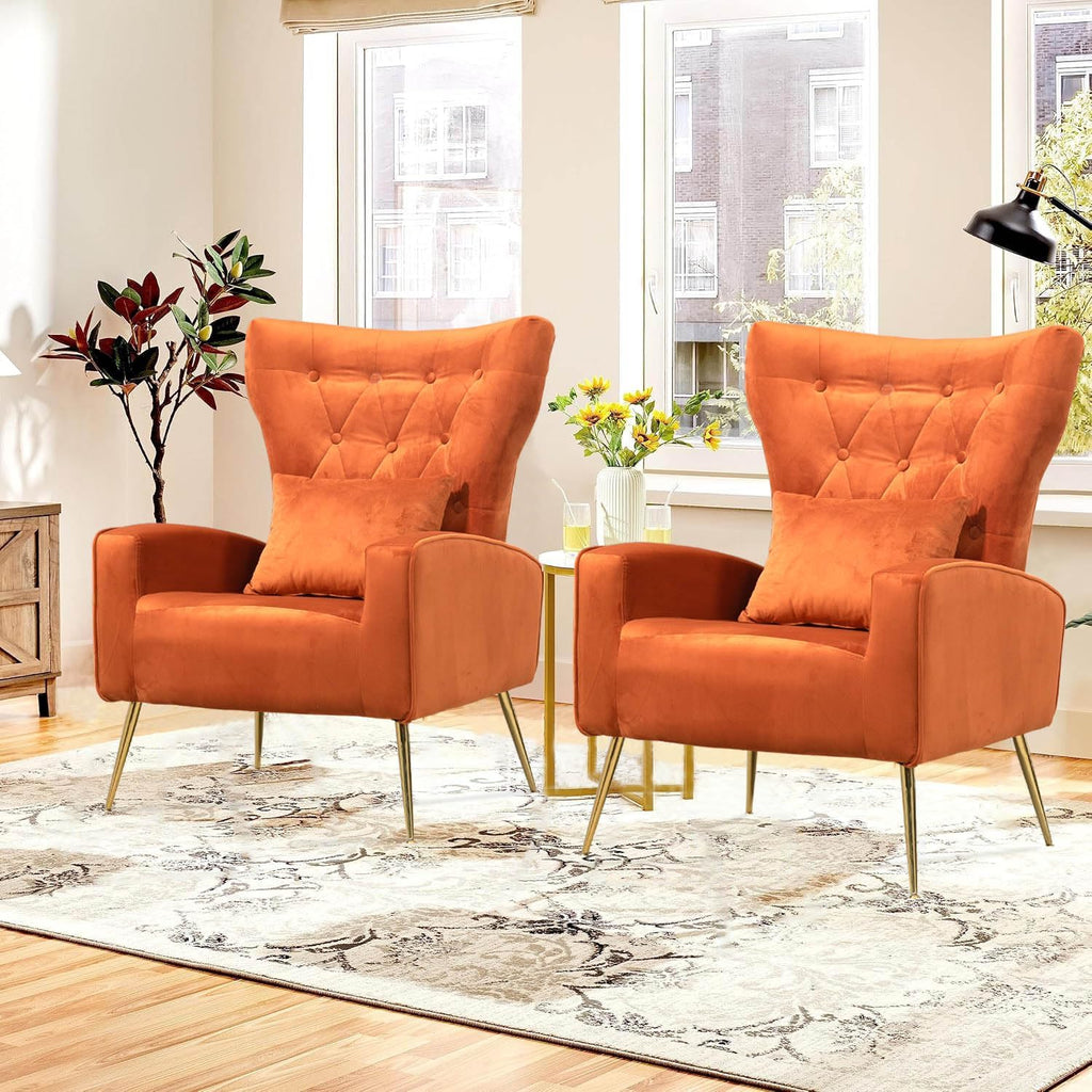 Mid-Century Accent Chairs Set of 2, Wingback Chair with Arm & Gold Legs, Living Room Bedroom Side Chair with Lumbar