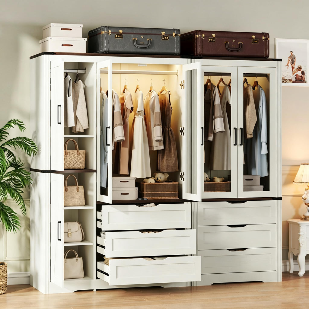 73'' Wood Farmhouse 4 Doors Armoire Wardrobe Closet with LED Light