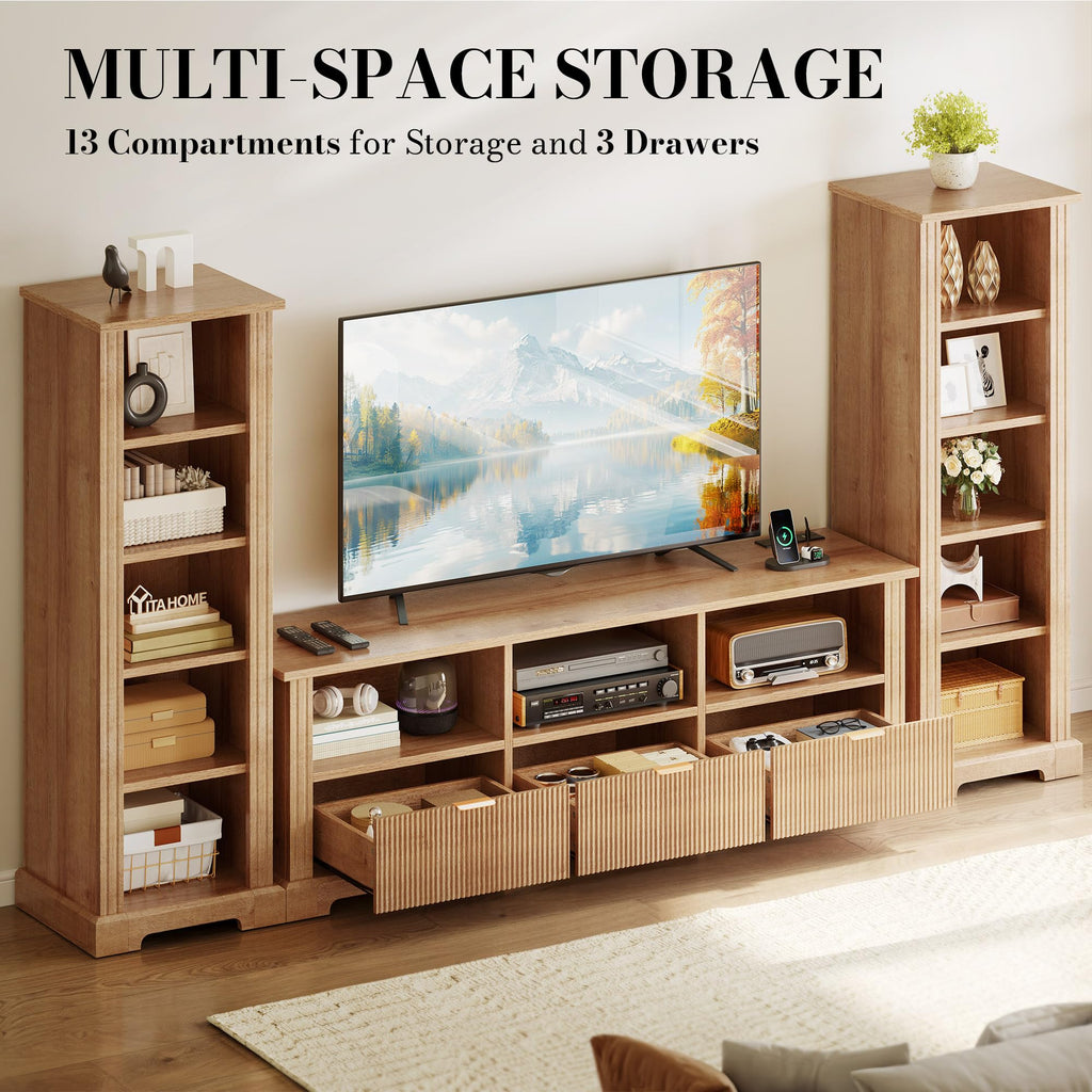 Modern TV Stand with 2 Side Bookshelves, Fluted, Nature Oak