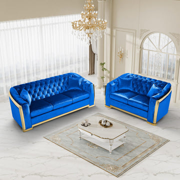 Chesterfield Loveseat and Sofa Set, Luxury Tufted Gold Couch, Blue