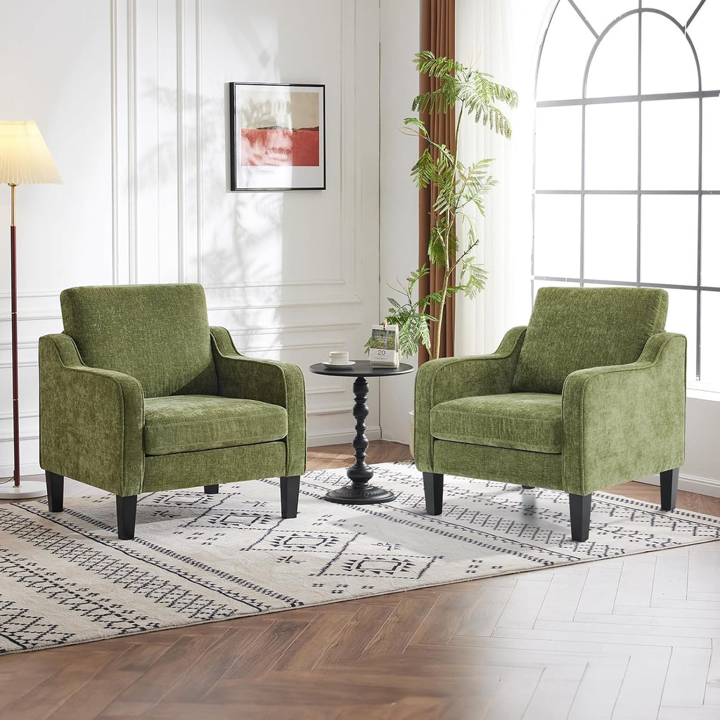 Chair Olive Green Upholstered Chenille Accent Chair , Mid-Century Modern Arm Chair Comfy Reading Chair with Scooped