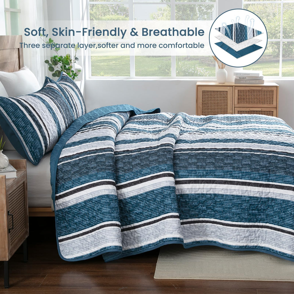 Quilt Set, Boho Striped Bedspread Coverlet Set, Navy Blue