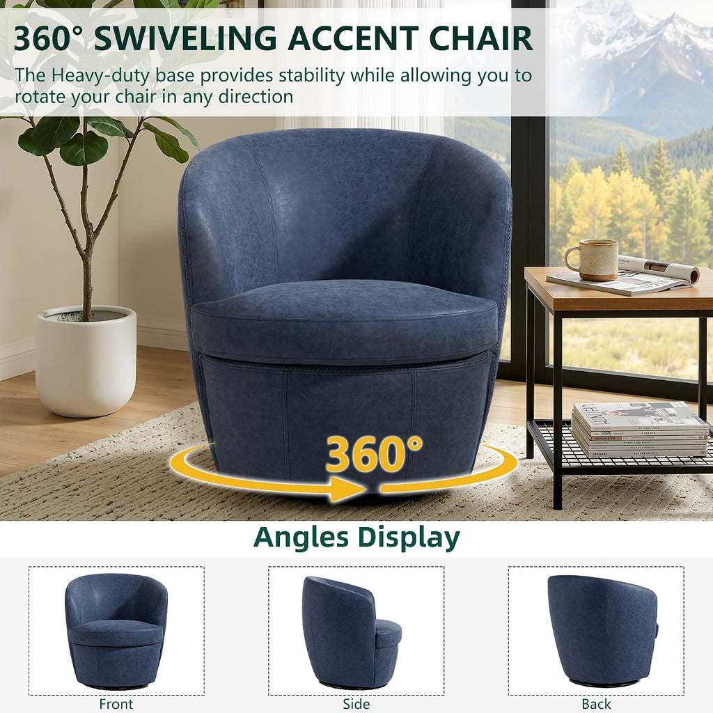 Faux Leather Swivel Accent Chairs, Barrel Club Chair, Navy - Set of 2
