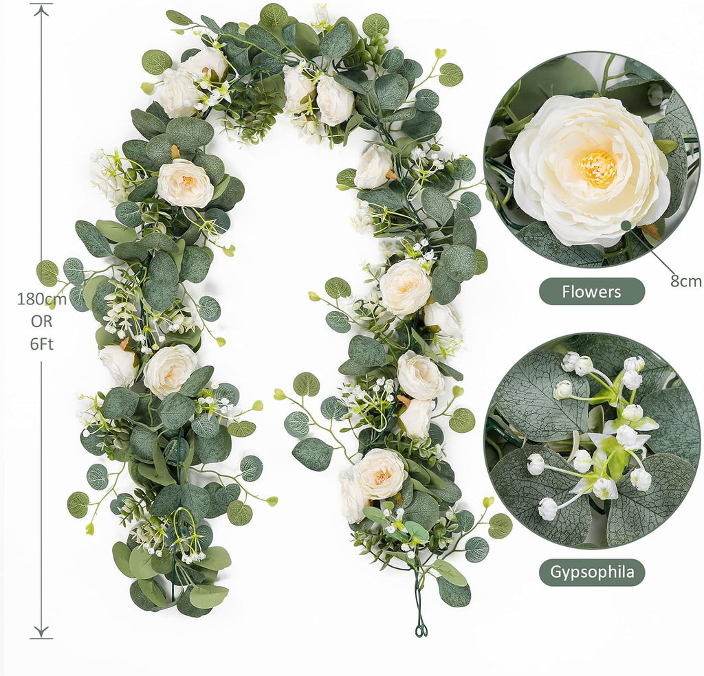 Artificial Eucalyptus Flower Garland with White Roses - Set of 4