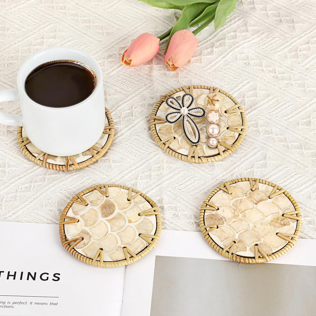 Coastal Coasters Set of 6, Boho Coaster Set with Holder, Fish Scale