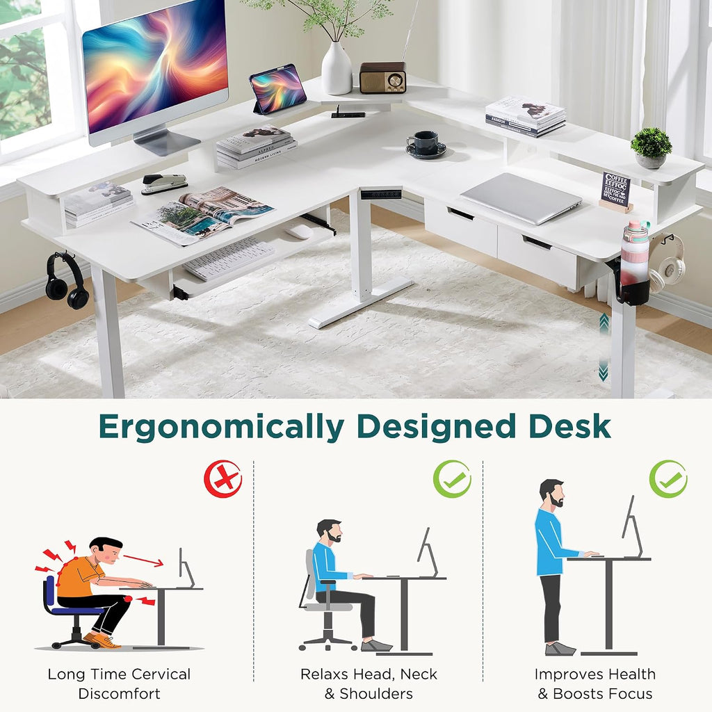 60 Inches L Shaped Electric Standing Desk 2 Tier, Antique White | Height Adjustable Corner Gaming Desk with Drawer