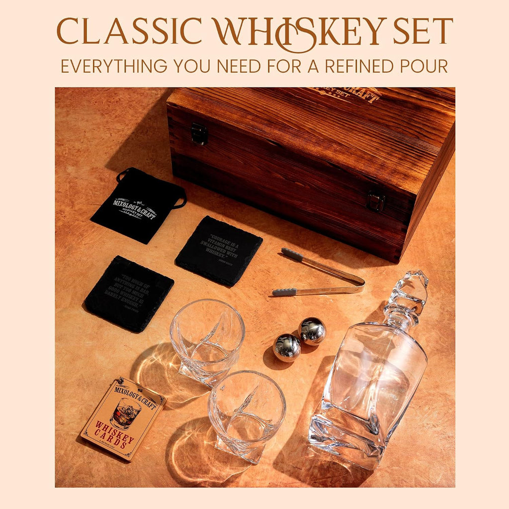 Crystal Whiskey Decanter Set 24oz With Glasses & Chilling Stones - Features Stainless Steel Whiskey Balls, Slate