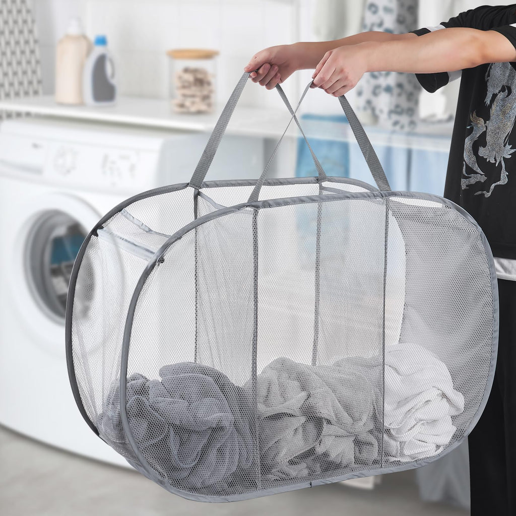 Mesh Popup Laundry Hamper 3 Compartment Sortable Horizontal Collapsible Laundry Basket for Clothes Laundry Room