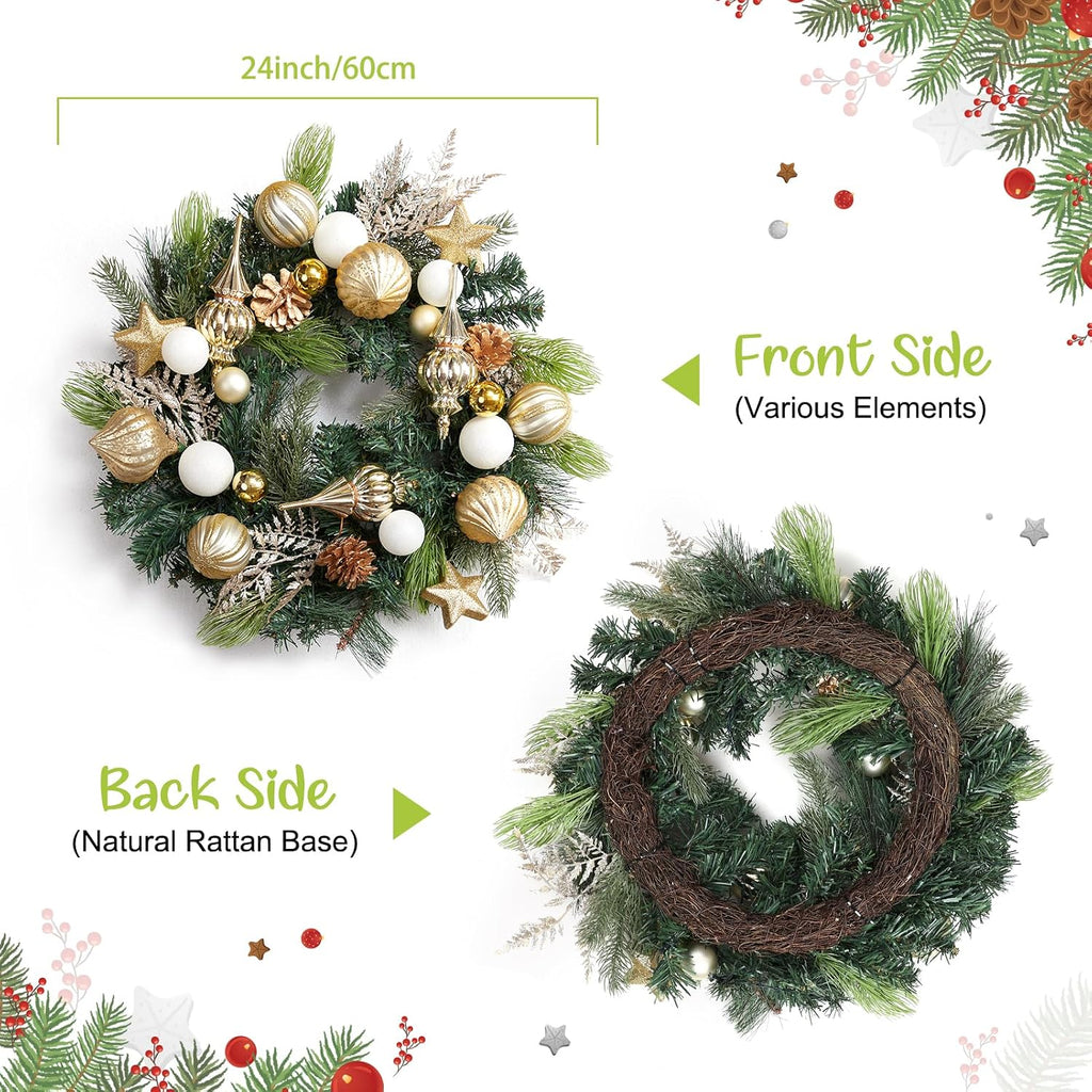 24-Inch Pre-Lit Christmas Wreath with 20 Battery-Operated LED Lights - Artificial Magnolia, Poinsettia & Gold White