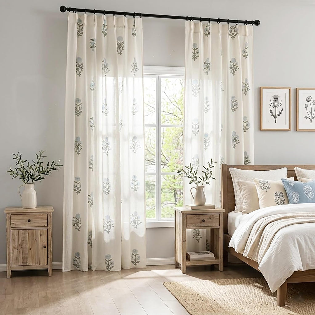 Floral Pinch Pleated Linen Curtains 96 Inch Long 2 Panel Set, Blue Green Grand Millenial Coastal Farmhouse Light