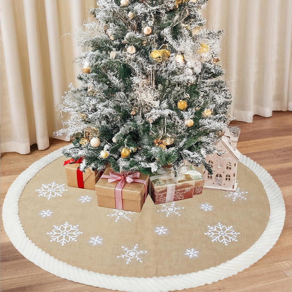 Christmas Tree Skirt 60 inches, Burlap Tree Skirt for 7.5 ft Tree to 9 ft Tree, Large Snowflake Tree Skirt with Faux