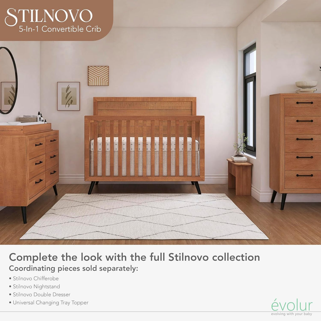 Évolur Stilnovo Mid-Century 4-in-1 Convertible Baby Crib in Sugar Cane, GreenGuard Gold & JPMA, Converts to Toddler