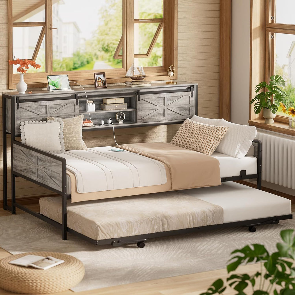 Farmhouse Twin Daybed with Pop-Up Trundle, Light Oak | Metal Trundle Bed Frame with Bookcase Headboard, Twin to King