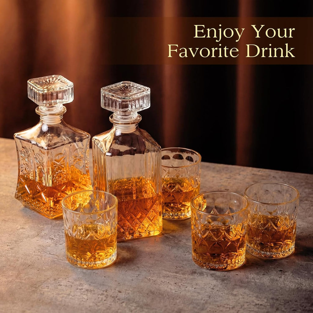 Whiskey Decanter Set with 2 Glass Decanters and 4 Glasses, 31oz and 28oz Liquor Decanter Set for Tequila Bourbon - Set of 3