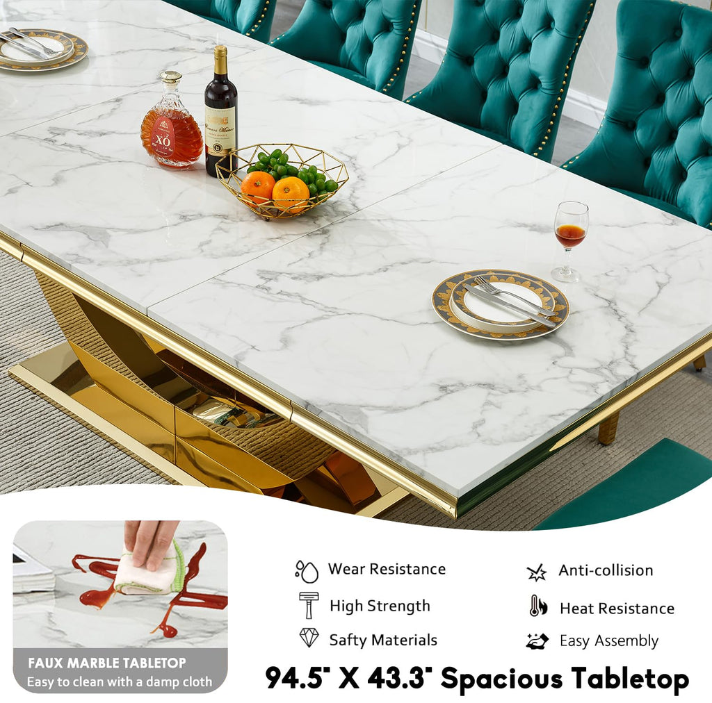 94.5" Large Marble Dining Table Set for 8, Luxury White Gold Kitchen Table with 8 Beige Velvet Dining Chairs, Modern