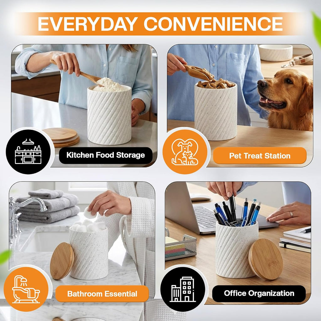 Flour Sugar Storage Containers - Ceramic Canister with Airtight Bamboo Lids Counter - 80, 40 & 20 oz, White - Set of 3