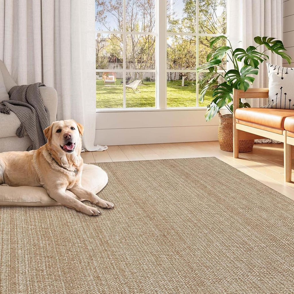 Boho Living Room Rugs, 5x8 Washable Woven Cotton Modern Bedroom Rugs | Farmhouse Tan Braided Floor Carpet Rug Room