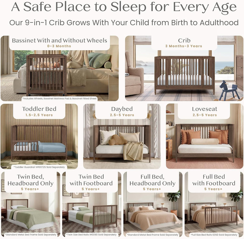 Jalen Grow with Me 9-in-1 Convertible Crib, Teak Brown | Greenguard Gold Certified Crib Converts from Portable