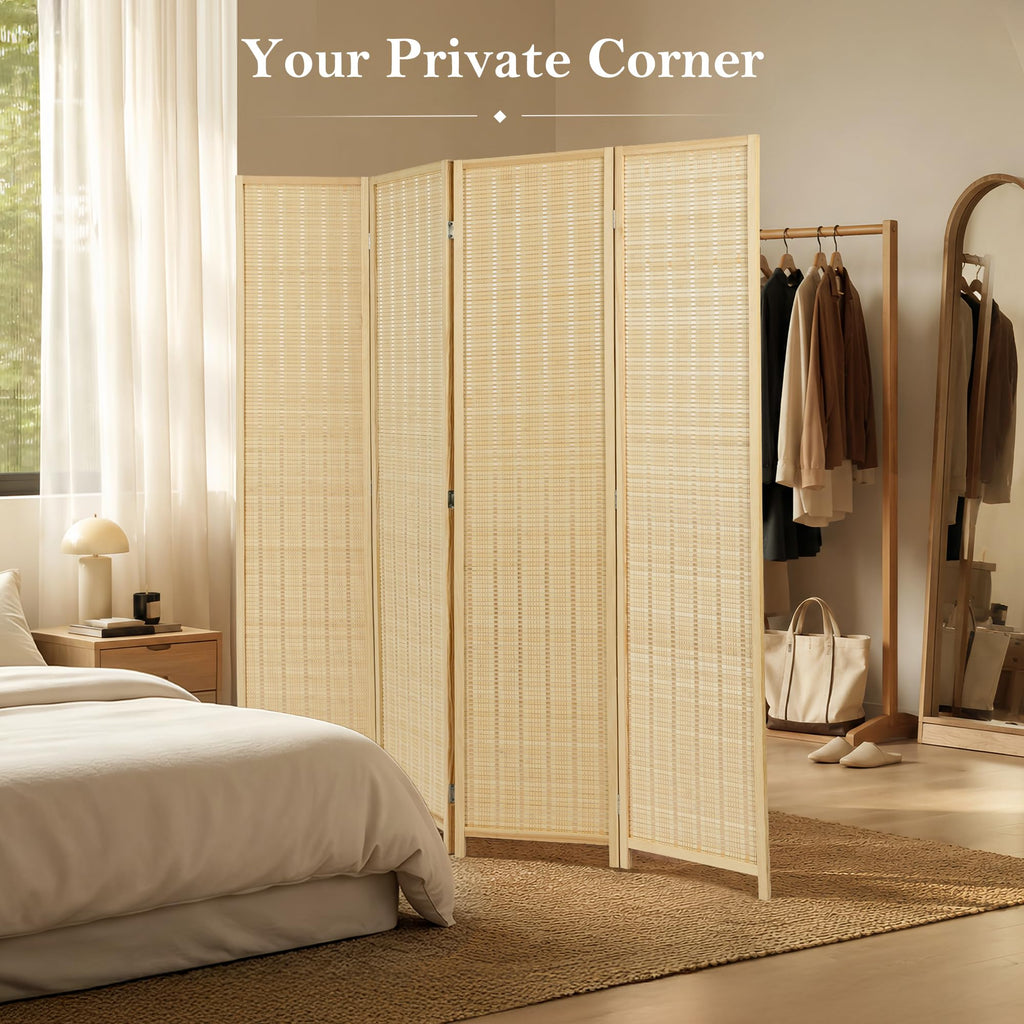 4 Panel Bamboo Room Divider, Folding Privacy Screen, Natural