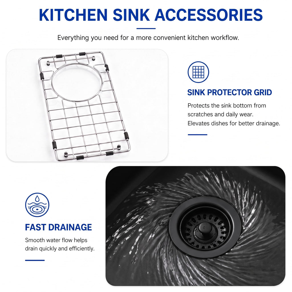 18 Inch Black Quartz Composite Kitchen Sink, Undermount, 10 Inch Deep
