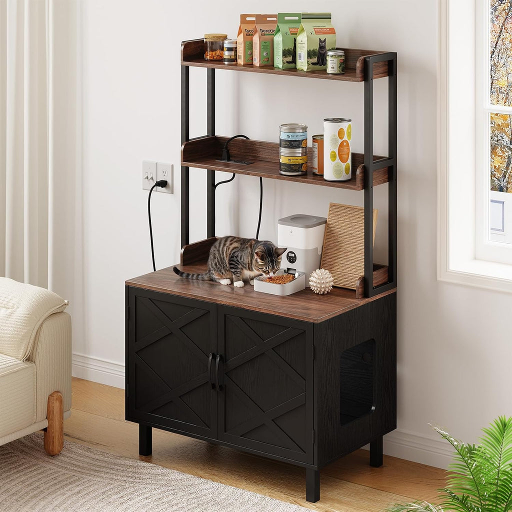 55 Inches Cat Litter Box Enclosure with 2 Storage Shelves, Black