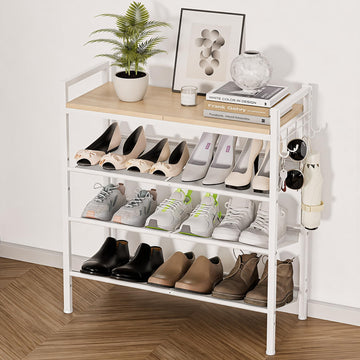 4 Tier Shoe Rack, Shoe Rack with Hook, Shoe Organizer with Adjustable Mesh Shelves, Metal Shoe Storage, Closet