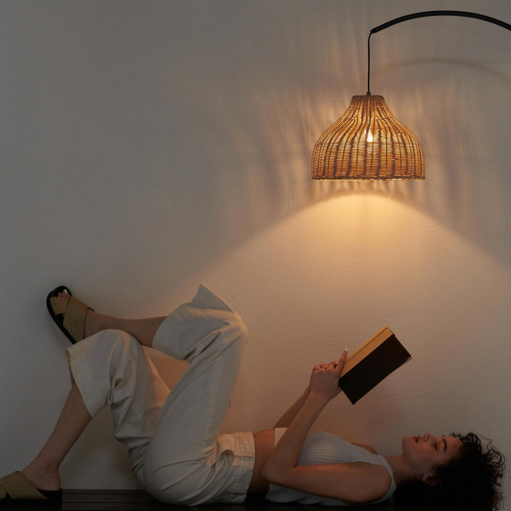 Lark Standing LED Floor Lamp - Modern Tall Corner Arc Lamp with Boho Hanging Rattan Shade - Bright Bedside Reading