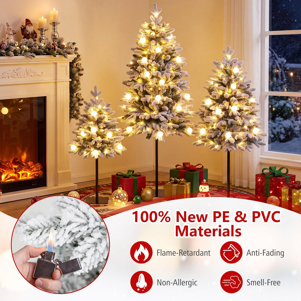 3' 4' 5' Pre-Lit Flocked Christmas Tree Set of 3, Battery Operated