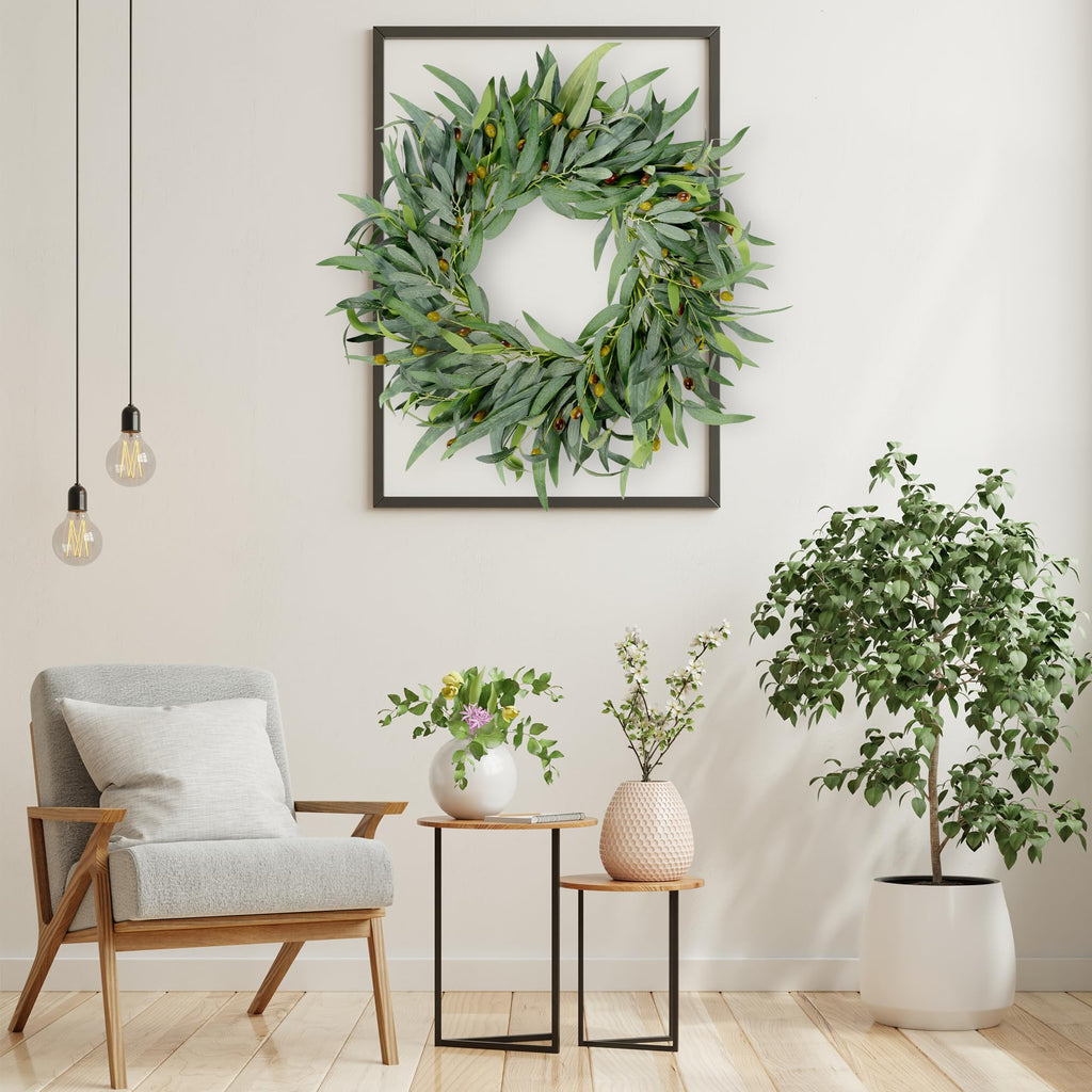 Artificial Olive Wreath for Front Door 20 inch Greenery Wreath with Olive Leaves Olive Bean Green Leaves Wreath