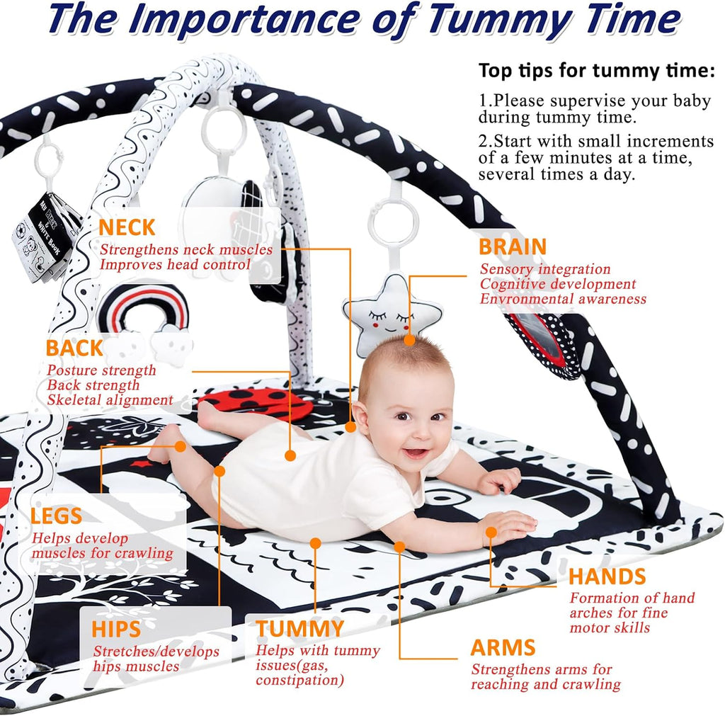 Black and White Baby Gym Play Mat with 6 Toys Tummy Time Activity Mat for Babies 0-6 6-12 Months High Contrast Baby