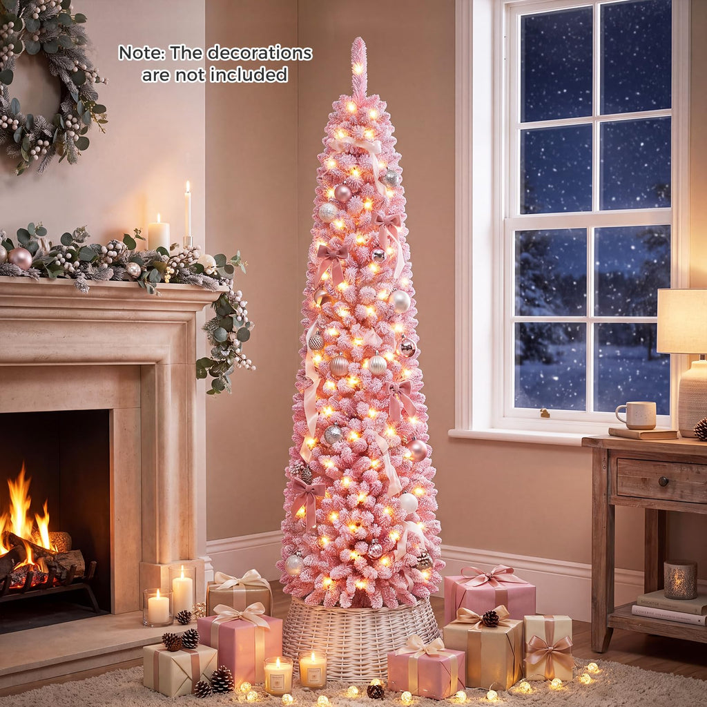 6 FT Pre-Lit Artificial Christmas Tree, Pink Slim Pencil Tree