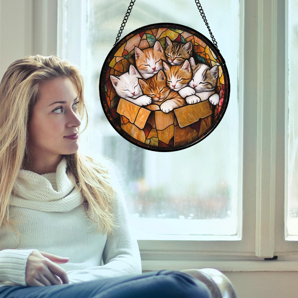 Sleeping Kittens Stained Glass Window Hanging Suncatcher Gifts 15"